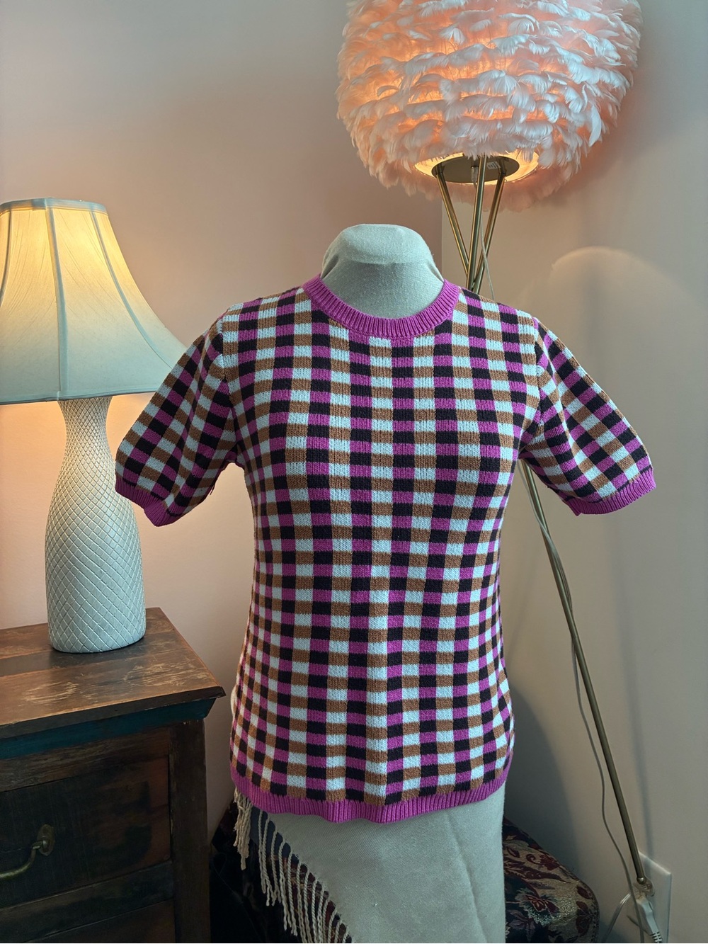 Ann Taylor Cotton Blend Checkered Short Sleeve Knit Top